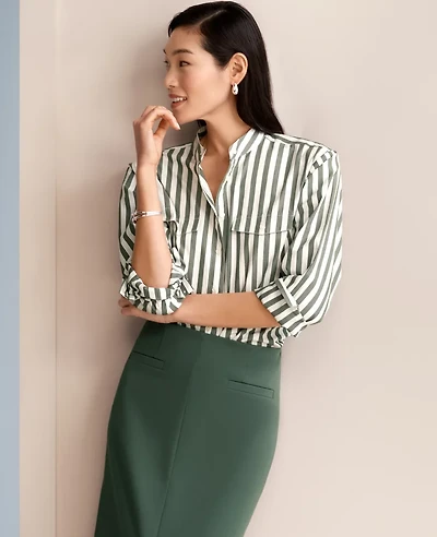 Ann Taylor Petite Striped Oversized Pocket Shirt Size Small Topiary Green Women's