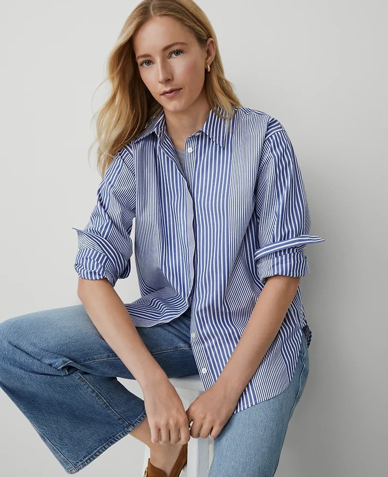 Ann Taylor Petite Weekend Collection Striped Oversized Shirt Size 2XS Deep Grotto Women's