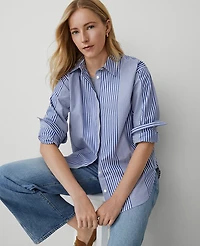 Ann Taylor Petite Weekend Collection Striped Oversized Shirt Size 2XS Deep Grotto Women's