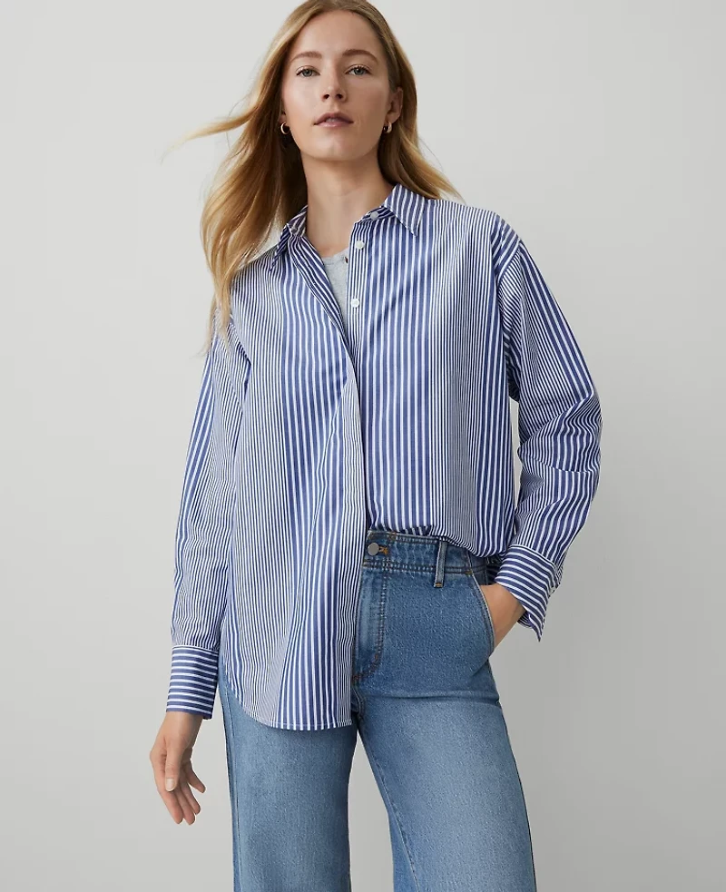Ann Taylor Petite Weekend Collection Striped Oversized Shirt Size 2XS Deep Grotto Women's