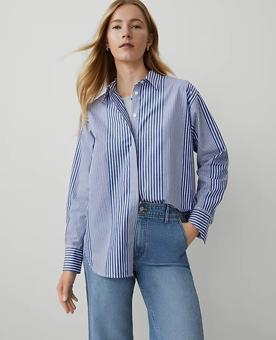 Ann Taylor Petite Weekend Collection Striped Oversized Shirt Size 2XS Deep Grotto Women's