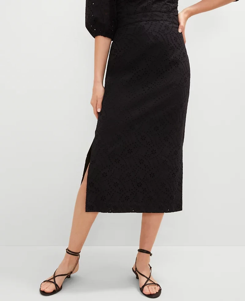 Ann Taylor Eyelet Clean Midi Skirt Black Women's