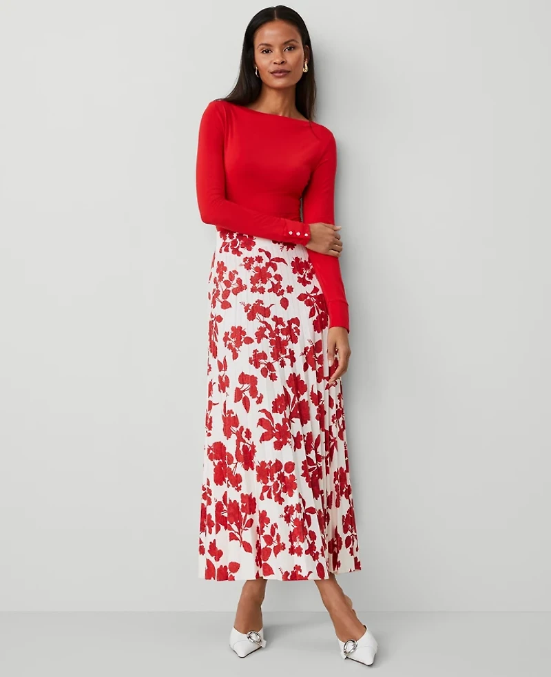 Ann Taylor Petite Tropical Pleated Sweater Skirt Size 2XS Bright Cherry Women's