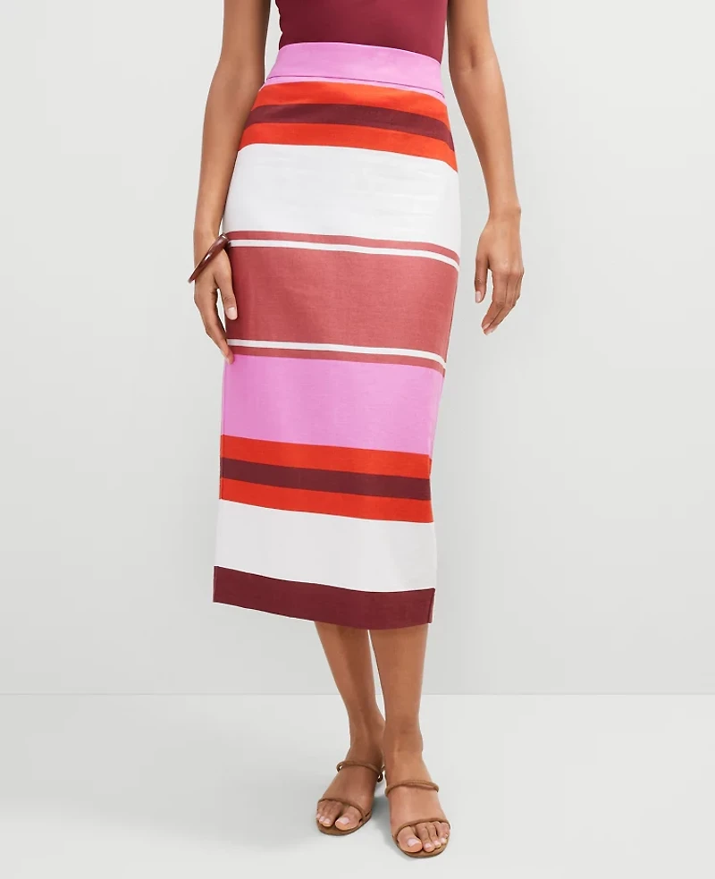 Ann Taylor Striped Linen Blend Clean Midi Skirt Pink Orchid Women's