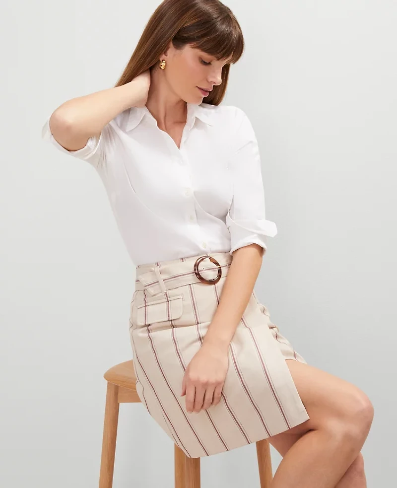 Ann Taylor Pinstripe Belted Wrap Skirt Flax Women's