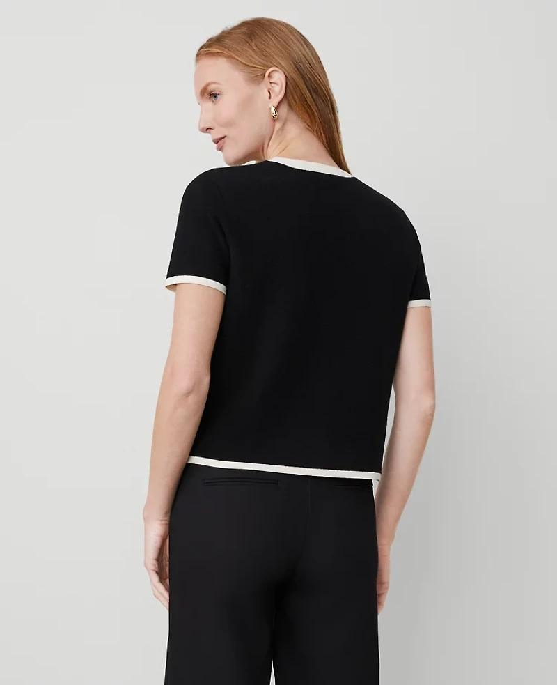 Ann Taylor Petite Pearlized Button Short-Sleeve Cardigan Size Large Black/White Combo Women's