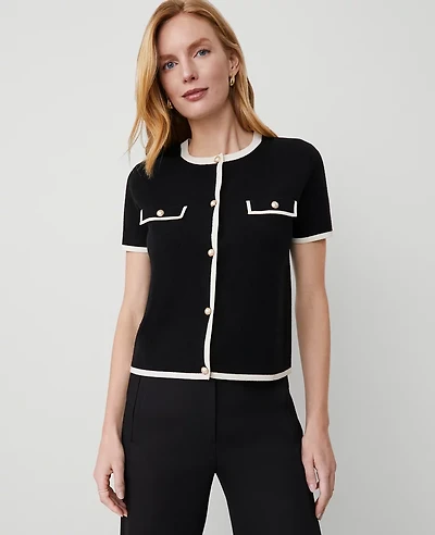 Ann Taylor Petite Pearlized Button Short-Sleeve Cardigan Size Large Black/White Combo Women's