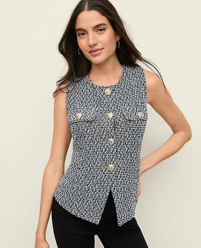 Ann Taylor The Petite Cutaway Vest Tweed Blue Multi Women's