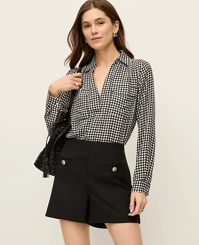 Ann Taylor Gingham Camp Shirt Black Women's