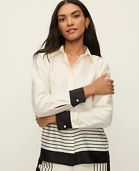 Ann Taylor Petite Striped Satin Essential Shirt Winter White Women's