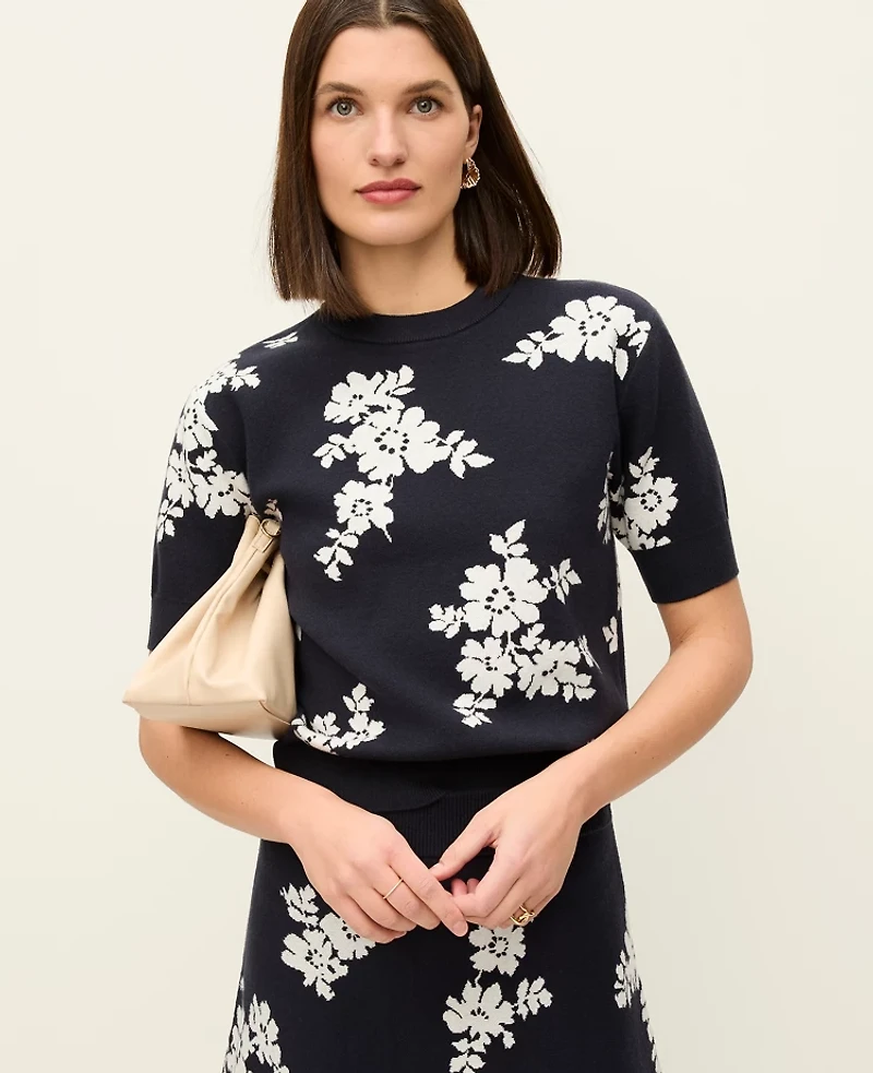Ann Taylor Petite Floral Jacquard Sweater T-Shirt Night Sky Women's