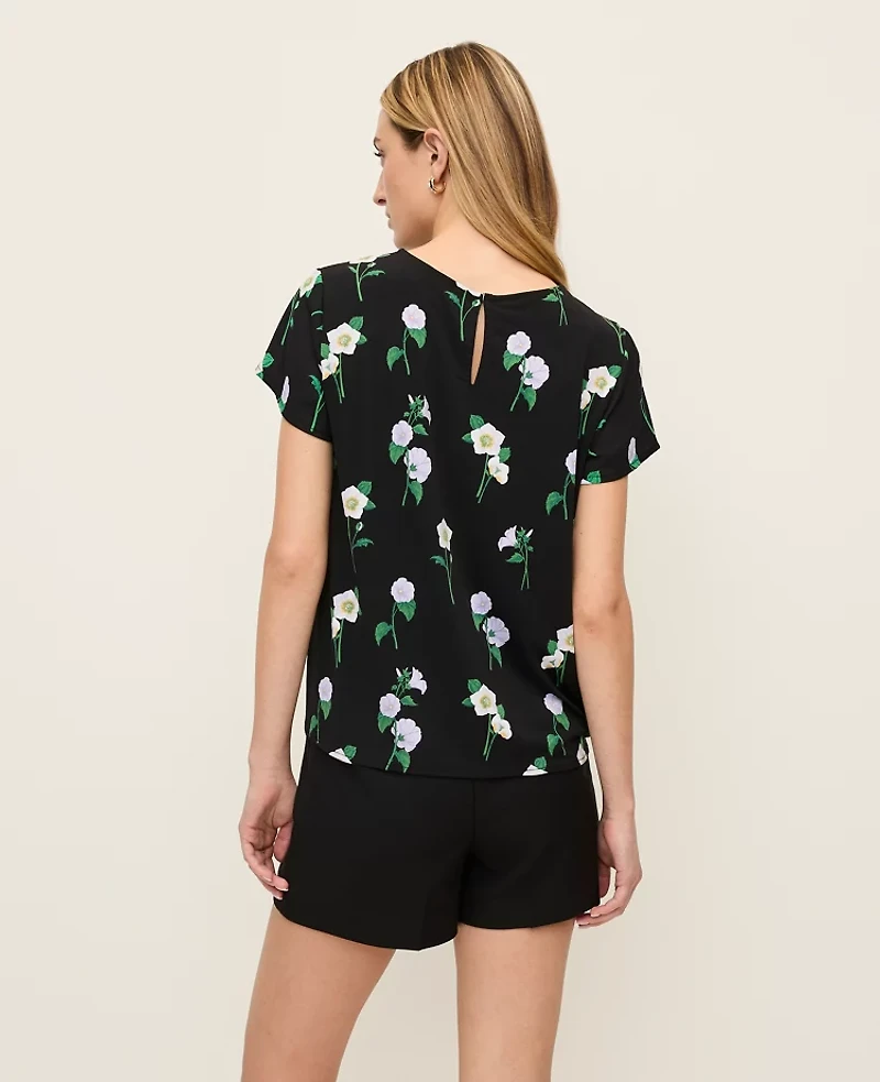 Ann Taylor Floral Mixed Media Crew Neck T-Shirt Black Women's