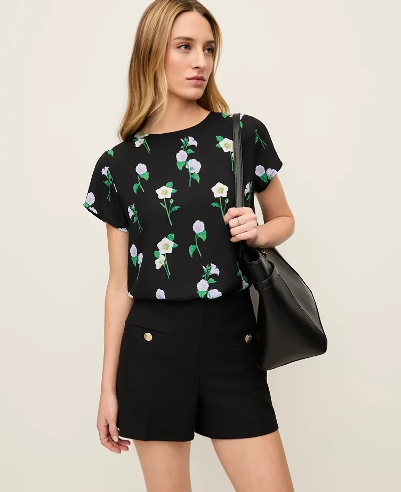 Ann Taylor Floral Mixed Media Crew Neck T-Shirt Black Women's