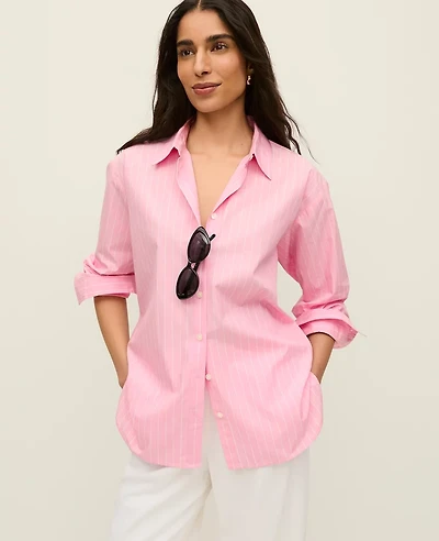 Ann Taylor Petite Striped Oversized Shirt Strawberry Lemonade Women's