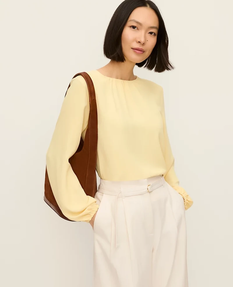 Ann Taylor Pleated Front Mixed Media Blouse Sun Soaked Women's