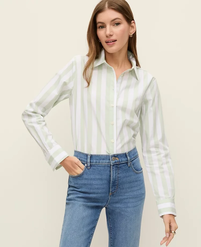Ann Taylor Petite Weekend Collection Striped Relaxed Perfect Shirt Aqua Foam Women's