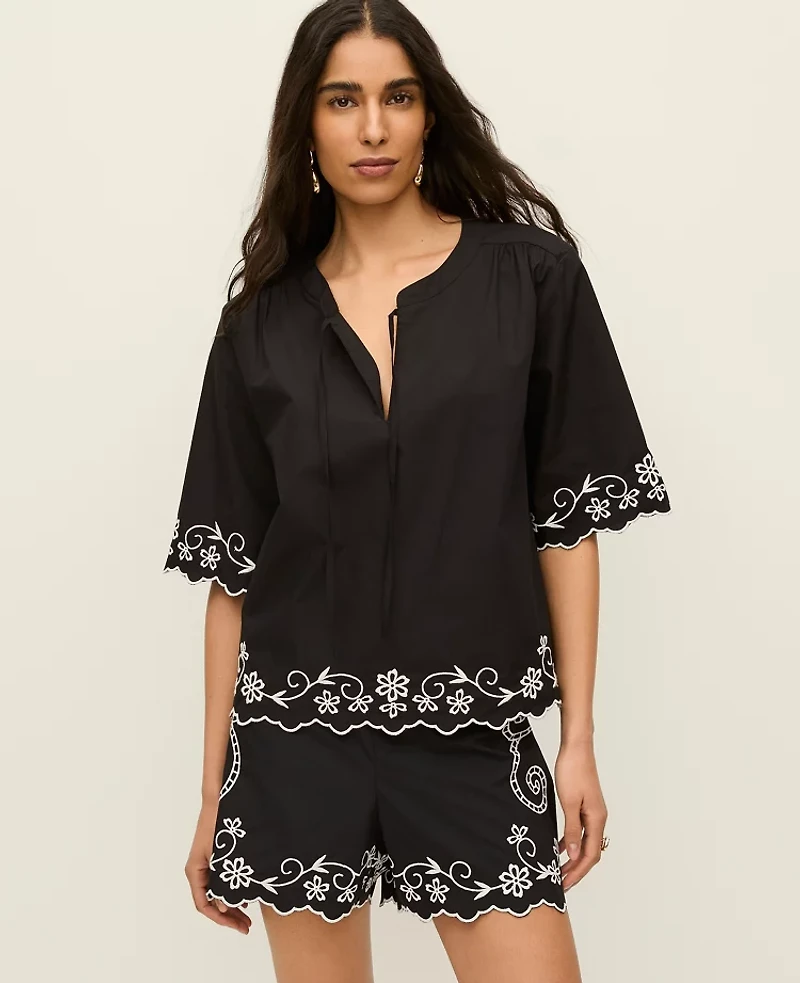 Ann Taylor Petite Embroidered V-Neck Blouse Black Women's