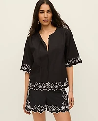 Ann Taylor Petite Embroidered V-Neck Blouse Black Women's