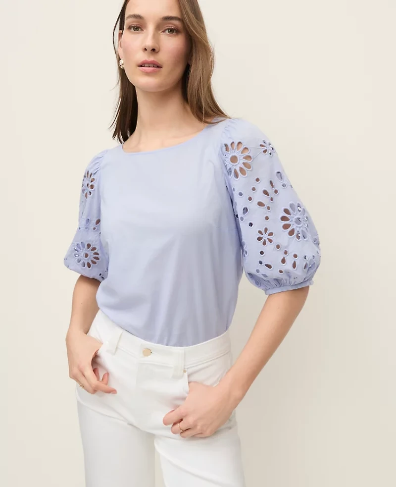 Ann Taylor Petite Embroidered Boatneck Popover Top Women's