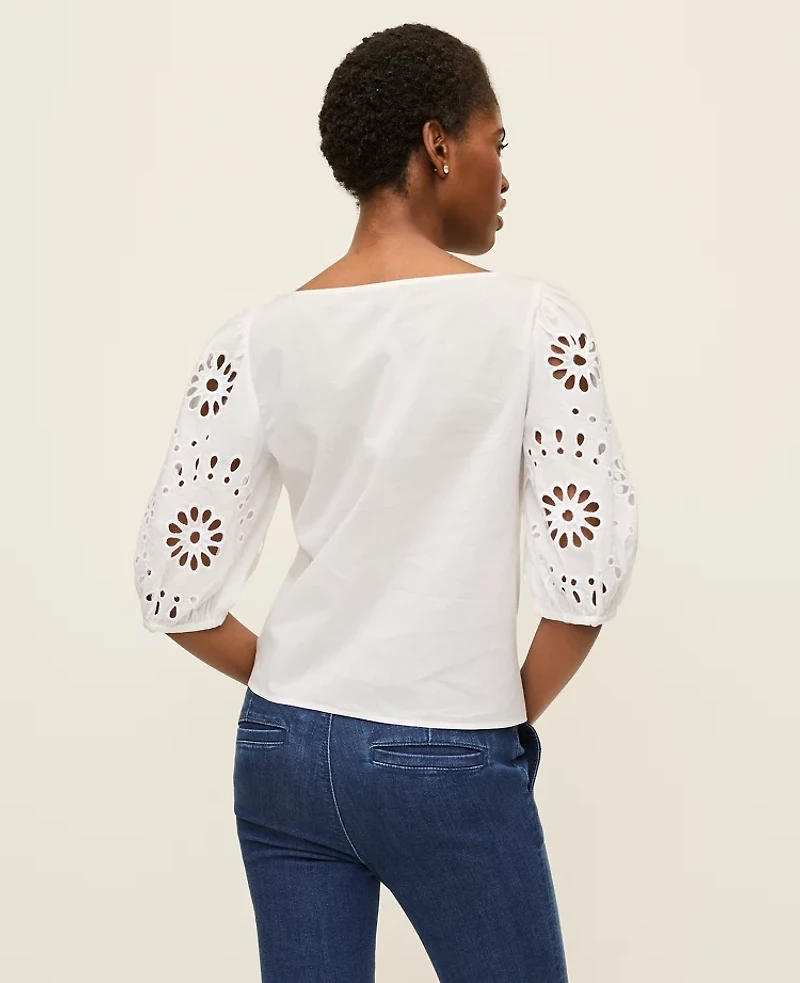 Ann Taylor Petite Embroidered Boatneck Popover Top Women's