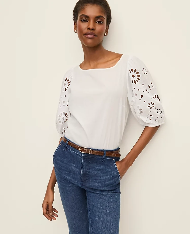Ann Taylor Petite Embroidered Boatneck Popover Top Women's