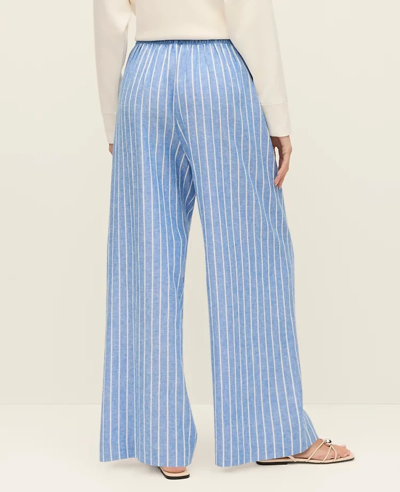 Ann Taylor Petite Weekend Collection Striped Pull On Wide-Leg Pant Linen Medium Blue/ White Stripe Women's