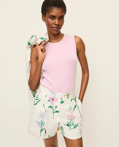 Ann Taylor The Petite Floral Pleated Short Linen Blend Winter White Women's