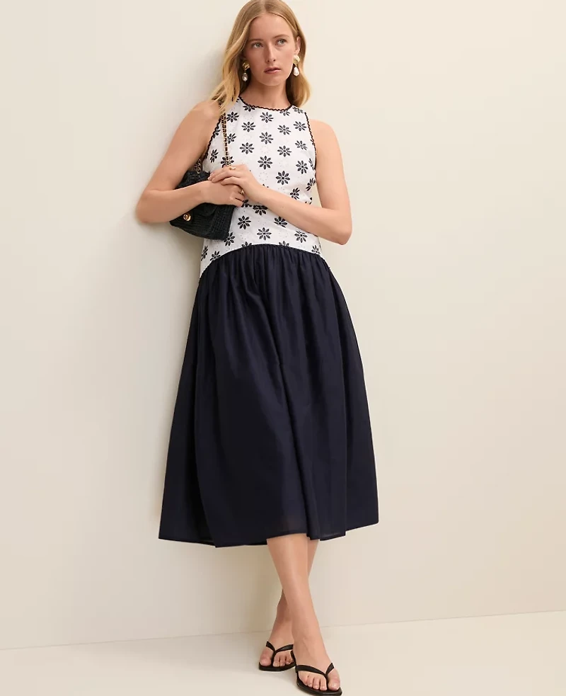 Ann Taylor Eyelet Crew Neck Midi Dress White 9000 Women's