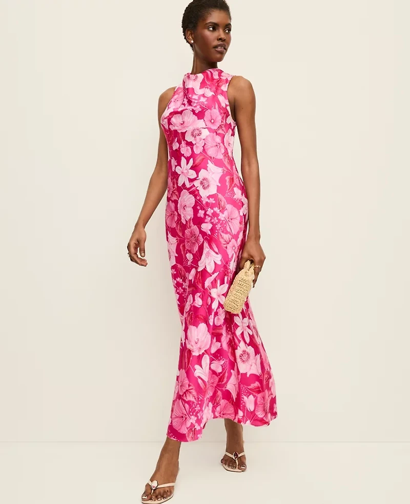 Ann Taylor Petite Floral Satin Halter Dress Bougainvillea Women's