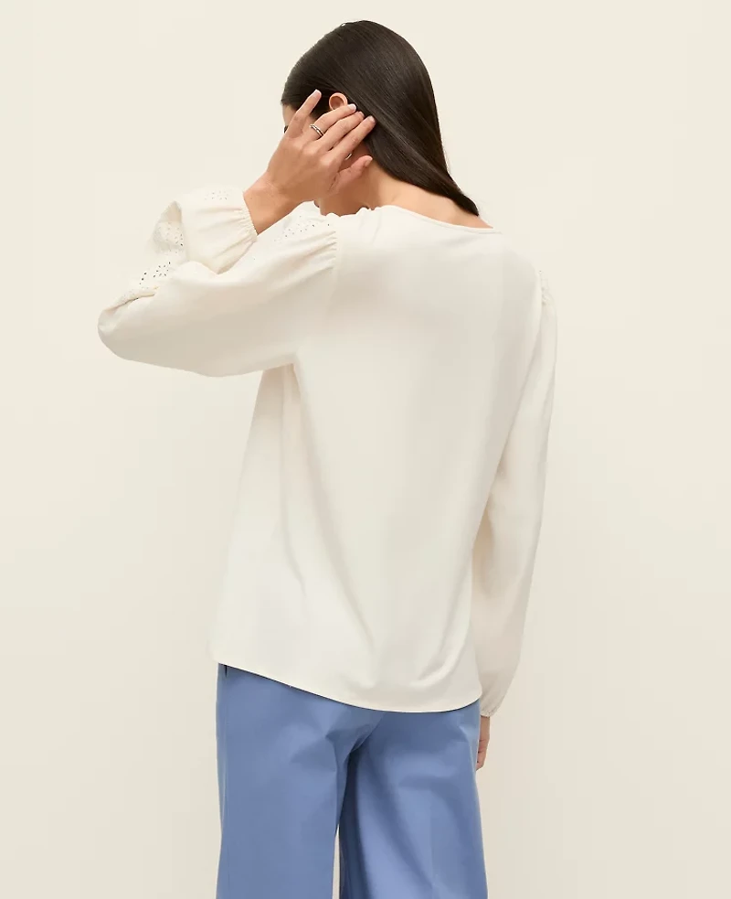 Ann Taylor Mixed Media Embroidered Blouse Winter White Women's