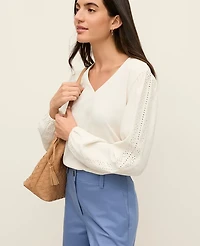 Ann Taylor Mixed Media Embroidered Blouse Winter White Women's