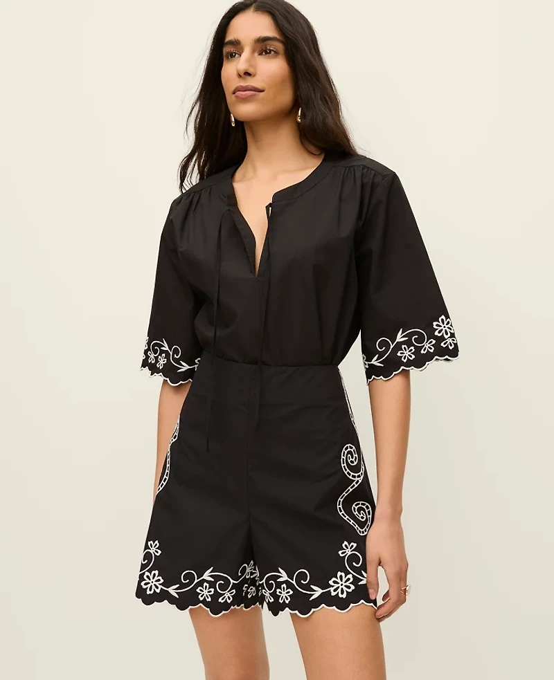 Ann Taylor The Petite Side Zip Scalloped Short Black Women's