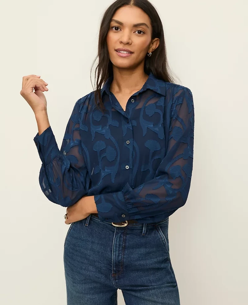 Ann Taylor Satin Jacquard Collared Shirt Indigo Dusk Women's