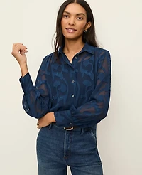 Ann Taylor Satin Jacquard Collared Shirt Indigo Dusk Women's