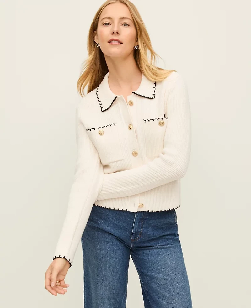 Ann Taylor Petite Ribbed Sweater Jacket Winter White Women's