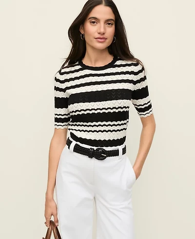 Ann Taylor Petite Striped Pointelle Sweater T-Shirt Black Women's