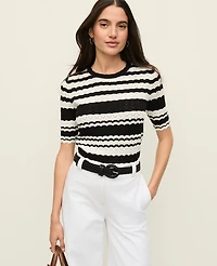 Ann Taylor Petite Striped Pointelle Sweater T-Shirt Black Women's