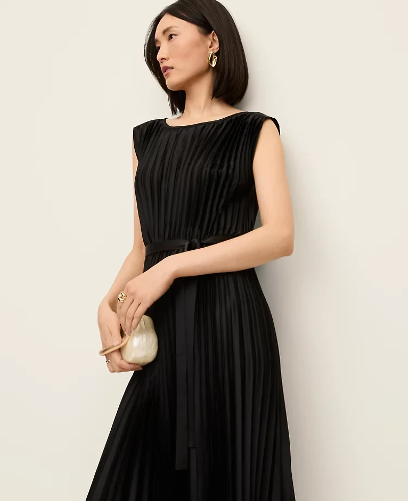 Ann Taylor Petite Pleated Satin Midi Dress Women's