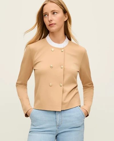 Ann Taylor Petite Ruffle Collar Knit Jacket Cafe Au Lait Women's