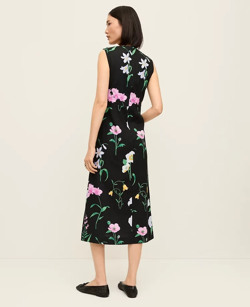 Ann Taylor Petite Floral Linen Blend Midi Dress Black Women's
