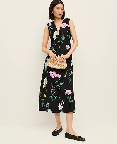 Ann Taylor Petite Floral Linen Blend Midi Dress Black Women's