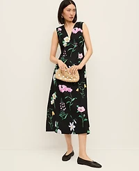 Ann Taylor Petite Floral Linen Blend Midi Dress Black Women's
