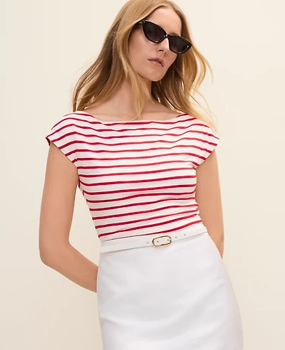 Ann Taylor Striped Boatneck Top Bright Cherry Women's