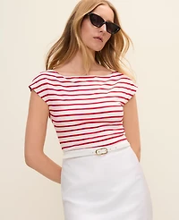 Ann Taylor Striped Boatneck Top Bright Cherry Women's