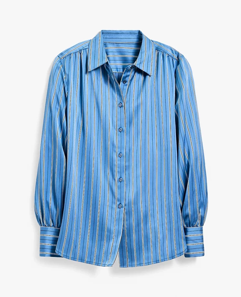 Ann Taylor Striped Satin Collared Shirt Muted Sky Women's