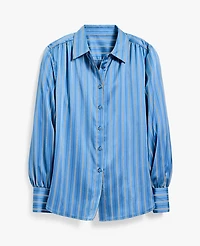 Ann Taylor Striped Satin Collared Shirt Muted Sky Women's