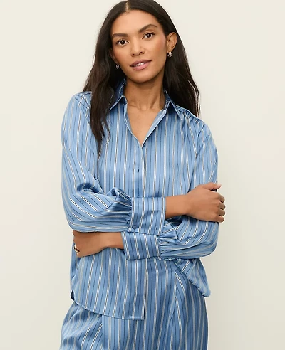 Ann Taylor Striped Satin Collared Shirt Muted Sky Women's