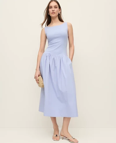 Ann Taylor Petite Mixed Media Boatneck Midi Dress Blue Hydrangea Women's