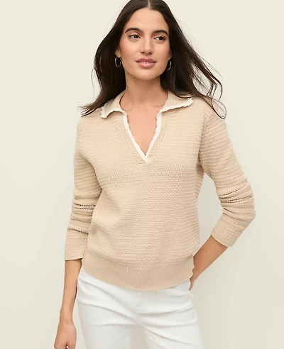 Ann Taylor Petite Scallop Collar Sweater Pale Sandalwood Women's