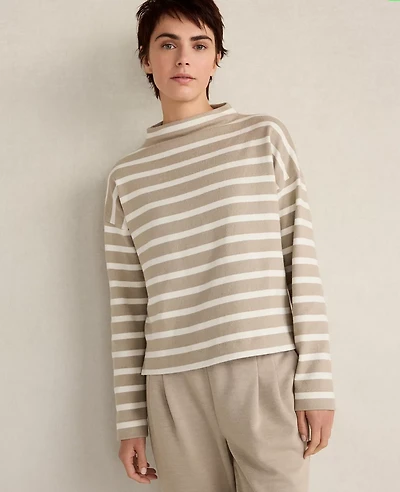 Ann Taylor Haven Well Within Organic Cotton Funnel Neck Striped Pullover Taupe Women's
